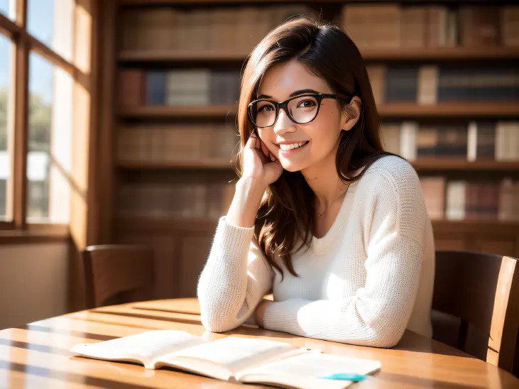 seorang perempuan dengan rambut cokelat tergerai, berkacamata, tersenyum duduk bersama buku-buku di meja di sebuah perpustakaan