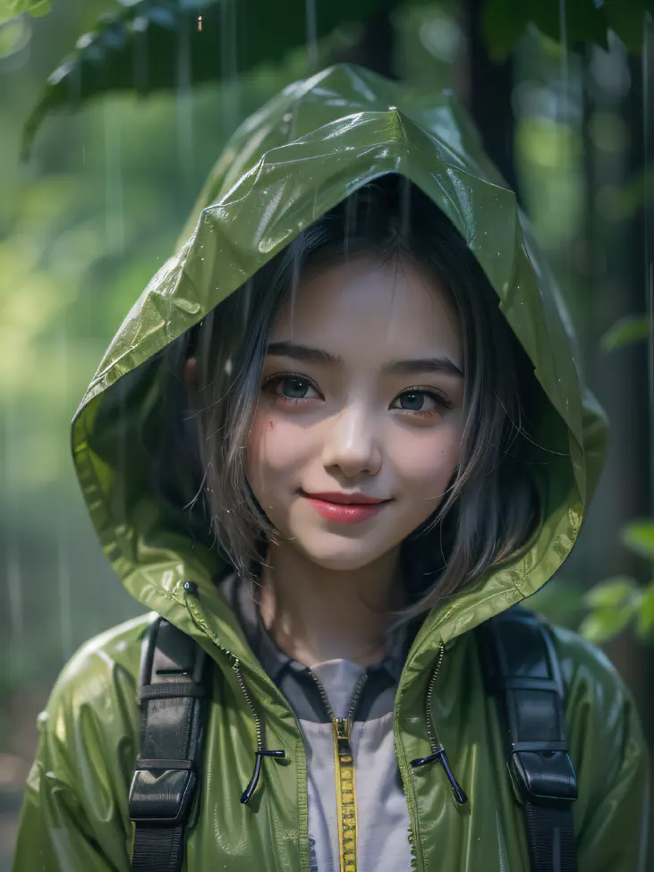 A girl wear raincoat smiling in the rain