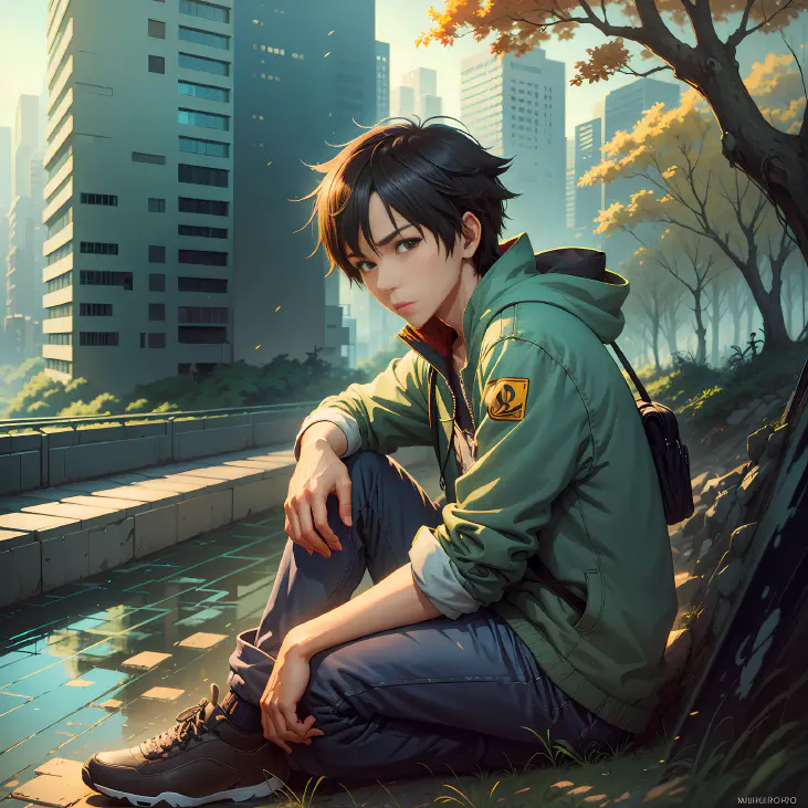 a boy sit beside the road