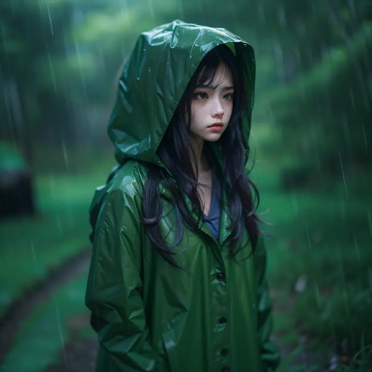 A girl wear green raincoat in the rain