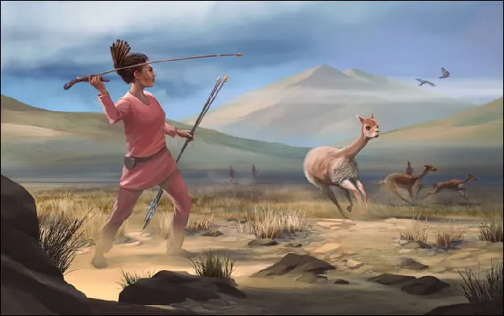 painting of a woman in ancient material outfit holding a spear and a stick, a vicuna