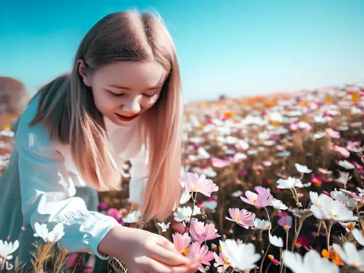 a girl in colorful flowers field