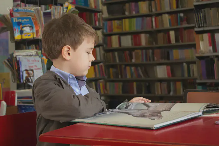 A boy in the library reading book