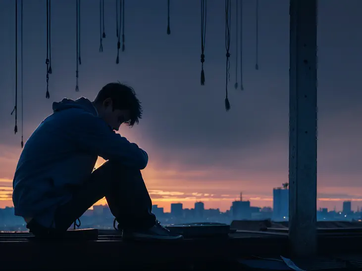 a lonely boy, roof top, tears, shadows, realistic photograph, sunset scene