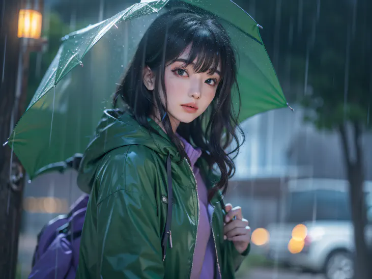 A girl wear green raincoat while using umbrella in the rain